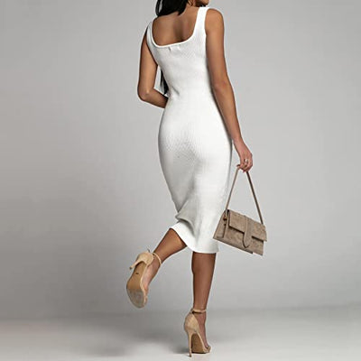 2023 Nieuwe Zomer Herfst Stijl Vrouwen Casual Sexy Effen Kleur Tank Jurk Elastische Jurk Zomer Mouwloze Basic Midi Jurk Plus Maxi Jurken Voor Vrouwen Plus Size|B0C89HQ25P