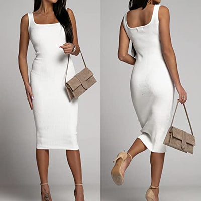 2023 Nieuwe Zomer Herfst Stijl Vrouwen Casual Sexy Effen Kleur Tank Jurk Elastische Jurk Zomer Mouwloze Basic Midi Jurk Plus Maxi Jurken Voor Vrouwen Plus Size|B0C89HQ25P
