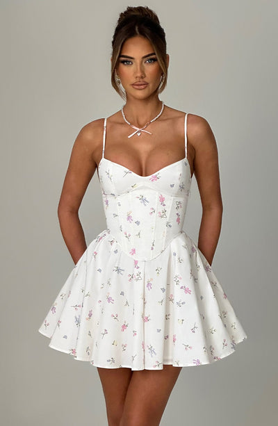 Analeigh Mini Dress - White Multi Floral Print Dress Babyboo Fashion Premium Exclusive Design